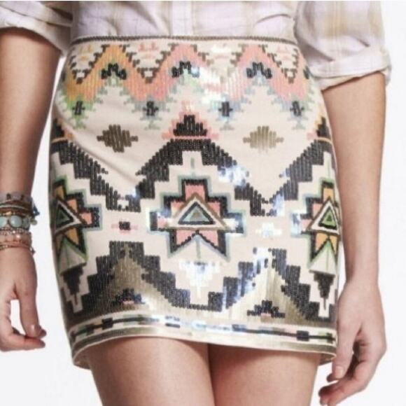 Express Aztec Sequence Casual Bright Color Mini Skirt Size XS - Picture 2 of 11